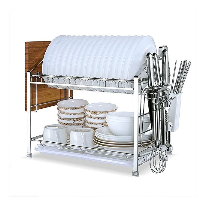 YOMYM 304 Stainless Steel 2 Tier Kitchen Organizer and Storage with Dish Drying Rack and Cutlery Holder