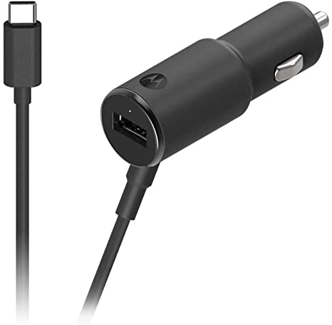 Motorola Original- TurboPower 36W Duo car charger with attached 4 foot 18W USB-PD USB-C cable and 18W QC3.0 USB-A port in retail box with Authentication Label and User Guide