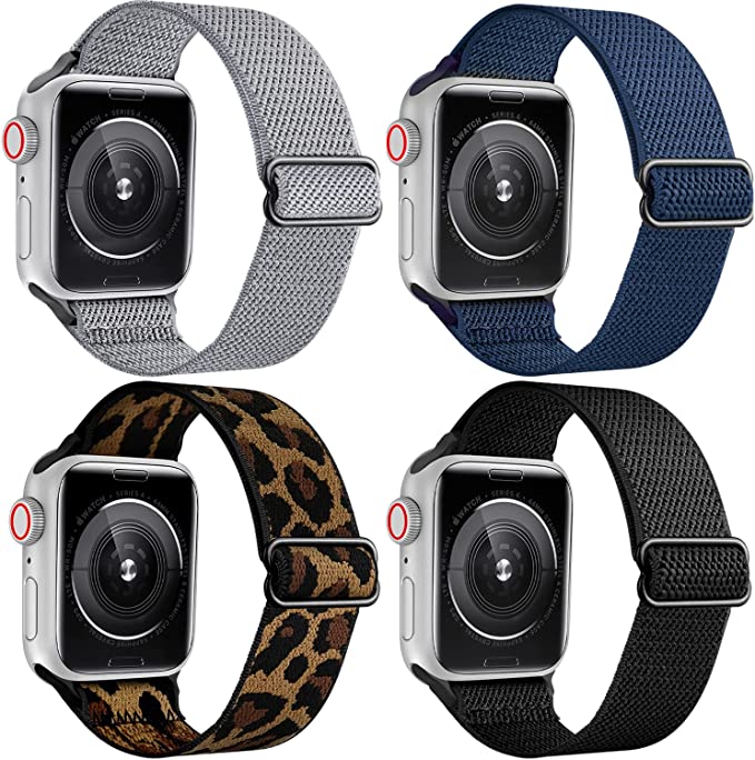 Stretchy Nylon Solo Loop Bands Compatible with Apple Watch 38 40 41 42 44 45mm, Adjustable Replacement Braided Sport Elastic Wristbands Women Men Straps for iWatch Series 7/6/5/4/3/2/1 SE, 4 Packs