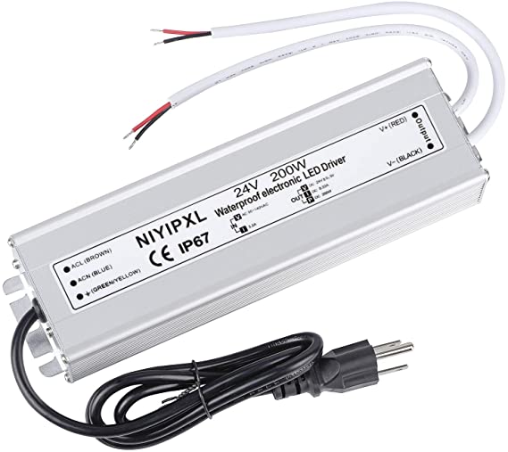 LED Driver 200 Watts 24V DC Low Voltage Transformer， Waterproof IP67 LED Power Supply, Adapter with 3-Prong Plug 3.3 Feet Cable for Any 24V DC led Lights, Computer Project, Outdoor Light