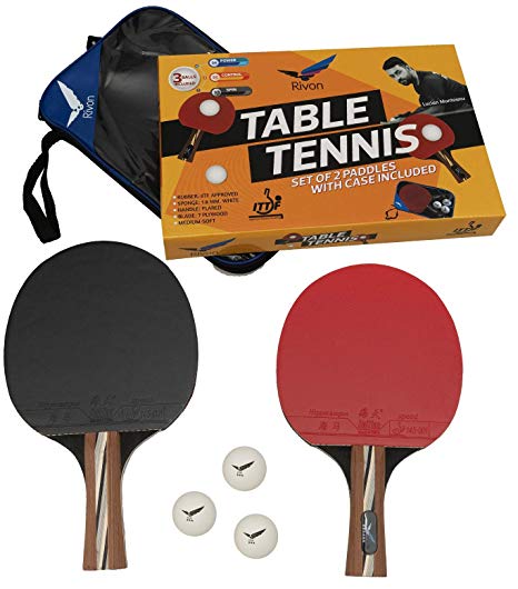 Rivon Table Tennis Paddle - Ping Pong Racket Set - 2 Paddles with 3 Balls and Travel Case - ITTF Approved or Semi-pro Rubber - Endorsed by Celebrity Player
