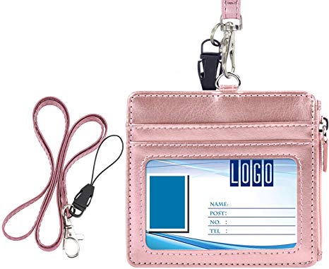 Badge Holder with Zip, Wisdompro 2-Sided PU Leather ID Badge Holder with 1 ID Window, 4 Card Slots, 1 Side Zipper Pocket and 1 Piece 20 Inch Leather Neck Lanyard Strap - Rose Gold (Horizontal)