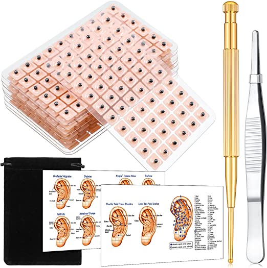 600 Pcs Ear Acupuncture Seeds Kit, Acupuncture Seeds for Ear Acupuncture Ear Press Seeds with Acupuncture Needle, Tweezer and Acupressure Ear Chart Guide for Relief