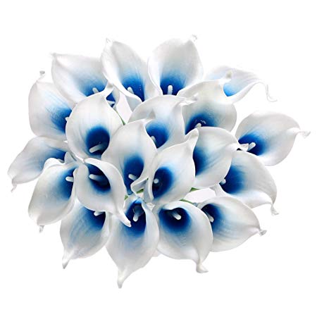 Houda Calla Lily Bridal Wedding Artificial Fake Flowers Party Decor Bouquet PU Real Touch Flower (White Blue 20 Pcs)