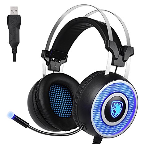 [2016 New Updated USB Headset]SADES A9 Gaming Headset,USB Over Ear Gaming Headphones with Microphone,7 colors Breathing LED Lighting,Vibration for Pc(Black and Blue)