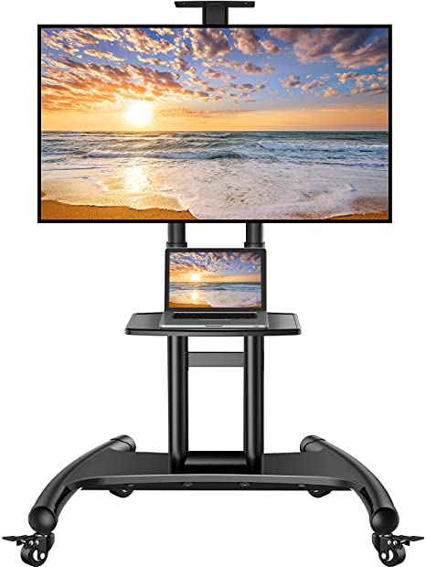 Mobile TV Cart for 32-70 Inch Flat/Curved LED/LCD/OLED TVs Rolling TV Stand with Height Adjustable Shelf Max VESA 600x400mm up to 100lbs TV Trolley with Camera Tray Lockable Wheels- PGTVMC05