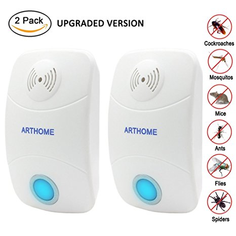 2-Pack Ultrasonic Pest Repeller, ARTHOME Electronic Plug-in Pest Control Repellent Anti Rodents, Mice, Rats, Insects, Roaches, Spiders, Flies, Ants, Bugs, Mosquito, Non-toxic, Environment-friendly, Humans & Pets Safe [Upgraded 2017]