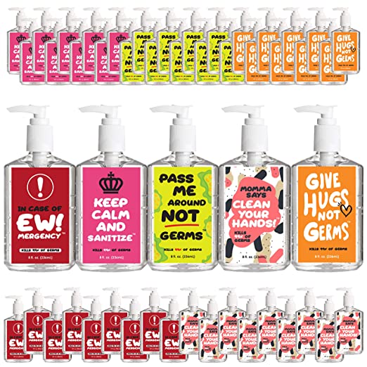 Funny Hand Sanitizers 8 OZ Pump, 70% Alcohol, Fun Phrases Gift, 50 Pack Variety Bundle,
