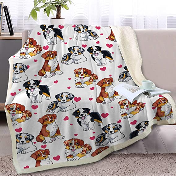 BlessLiving Red Hearts Dog Cat Print Plush Blanket Cute Puppy for Kids Adults 3D Animal Print Plush Blanket Gift for Pet Lovers (Australian Shepherd,Twin, 60 x 80 Inches)