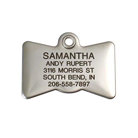 Pet ID Tag - Bowtie - Custom engraved dog & cat ID tags. Pet safety tag has reflective coating and is available in plastic, stainless steel and brass.