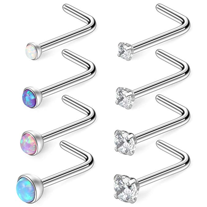 Ruifan 18G 316L Surgical Steel 1.5mm 2mm 2.5mm 3mm Jeweled Opal & Clear CZ Nose L-Shaped Rings Studs Ring Body Piercing Jewelry 8PCS