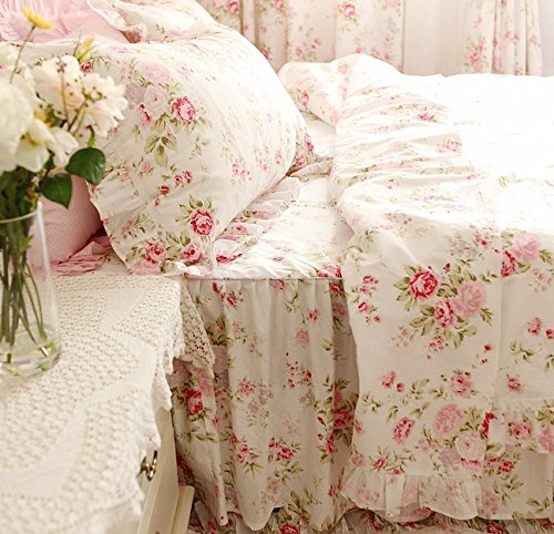FADFAY Elegant And Shabby Floral Bedding Set Bulgaria Rose 4 Pieces Duvet Cover and Bedskirt,100% Cotton,Queen Size