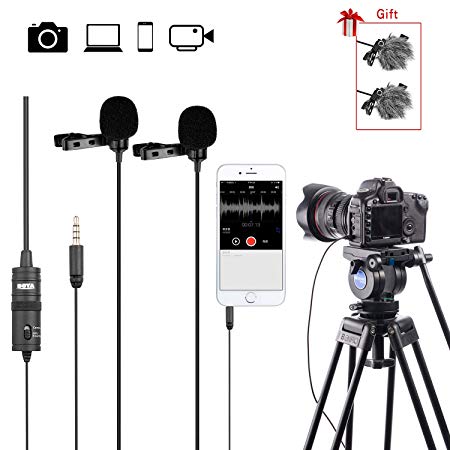 BOYA Professinal Dual Lavalier Microphones, Omnidirectional Condenser Clip-on Lapel Mic for Camera,DSLR,iPhone,Android,Huawei,Sony,Laptop,Guitar, Great for Interview,Youtube,Rap,Podcasting,Vlog