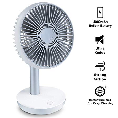 Ayslen 10.6 Inch USB Desk Fan Portable, Personal Table Fan with Adjustable Angle and 4 Speeds, Ultra-Quiet, Air Circulation, Built-in Rechargable 4000mAh Battery for Office, Home, Outdoor, Small Fan