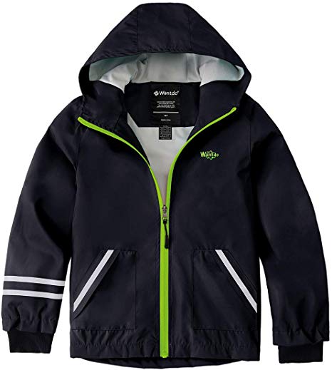 Wantdo Boy's Waterproof Rain Jacket Fleece Lined Reflective Breathable Raincoat