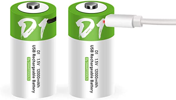 Rechargeable D Batteries 1.5V 12000mWh USB Lithium ion Rechargeable D Battery with USB Type C Charging Cable, High Capacity Fast Charge, 1200 Cycles Constant Output, Over-Charge Protection,2-Pack