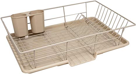 Sweet Home Collection 3 Piece Dish Drainer Rack Set with Drying Board and Utensil Holder, 12" x 19" x 5", Beige