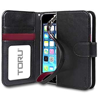 iPhone SE Case, TORU [Prestizio Wallet] iPhone SE Wallet Case with [CARD SLOT][ID HOLDER][KICKSTAND][WRIST STRAP] - Premium Wristlet Leather Flip Cover Case for Apple iPhone 5/5S/SE - Black