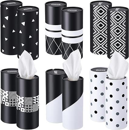 Outus 12 Pcs Car Tissues Cylinder Holder with 3 Ply Facial Tissue Bulk Black White Round Car Tissue Holder Travel Tissues Boxes for Car Cup Wedding Birthday Party Car Tissues Box Container