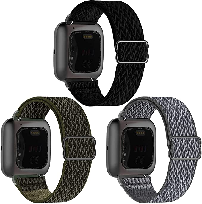 GBPOOT 3 Pack Elastic Watch Bands Compatible with Fitbit Versa/Versa 2/Versa Lite/Versa SE,Adjustable Nylon Stretchy Sport Wristband for Versa Smart Watch Women Men,Black/Storm Gray/Army Green