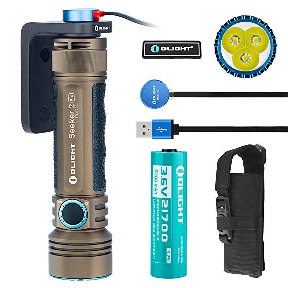 OLIGHT Seeker 2 Pro 3200 Lumens Three Cree XP-L HD CW LED Side Switch Rechargeable Tactical Flashlight Law Enforcement Searchlight with Charging Dock Patch