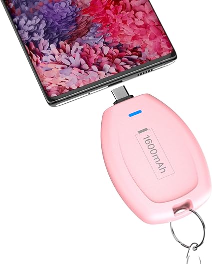 LCLEBM Keychain Portable Charger for Android, Mini Power Emergency Pod Ultra-Compact USB-C Power Bank External Fast Charging Battery Pack, 1600mAh Key Ring Type C Cell Phone Charger (Pink)