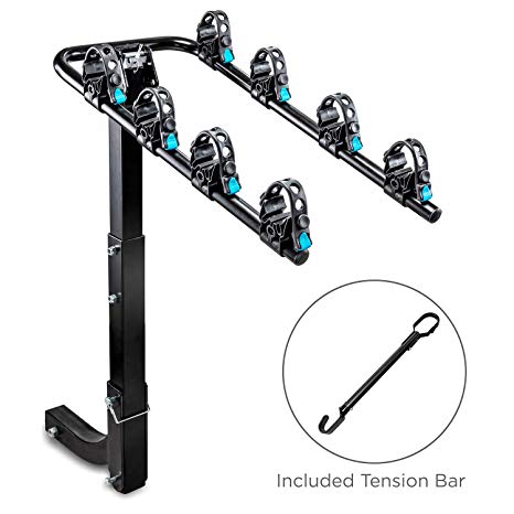RaxGo Hitch Mounted 4 - Bike Rack Carrier, Sturdy Bicycle Rack with Tension Bar Included – Fits 2” Receiver – Foldable Design for Extra Convenience – Durable Powder-Coated Steel – Easy Assembly