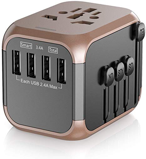 SAUNORCH Worldwide Travel Adapter, Universal Travel Adapter International Travel Adaptor Power Plug Adapter W/4xUSB Wall Charger and Universal AC Socket Outlet for UK USA EU AU Asia Ireland - Gold