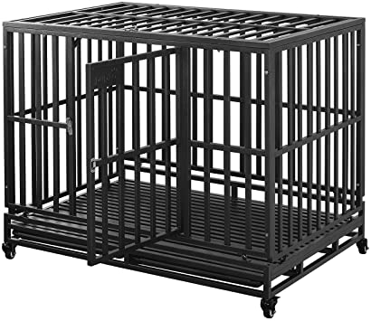 PUPZO Dog Cage Crate Kennel Heavy Duty Tear Resistant Square Tube with Four Wheels for Large Dogs Easy to Install(46in Gray)