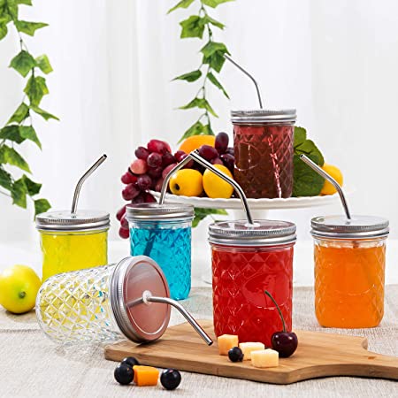 MyGift 14 oz Clear Mason Jar Drinking Glasses with Lids & Reusable Stainless Steel Straws, Set of 6