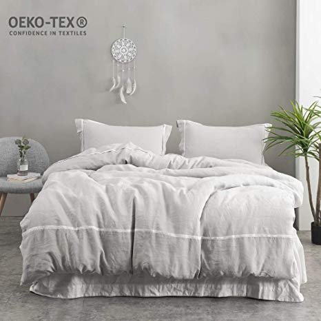 Simple&Opulence 100% Stone Washed Linen Striped Duvet Cover with Pillowcase 3 Piece Home Bedding Sets(Queen, Grey)