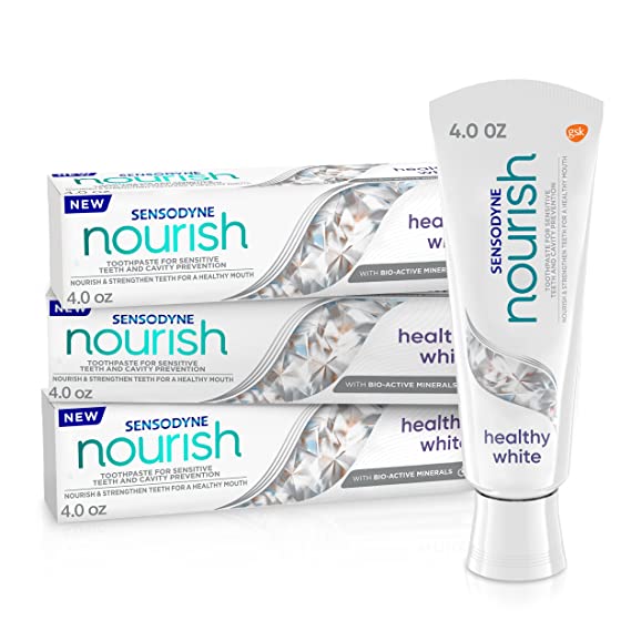 Sensodyne Nourish Healthy White Sensitive Toothpaste for Sensitive Teeth, Cavity Prevention and Whitening Toothpaste - 4 oz (Pack of 3)