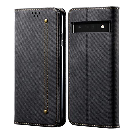 CUBIX® Denim Flip Cover for Google Pixel 6a Case Luxury Slim Wallet Folio Case Magnetic Closure Cover (Black)