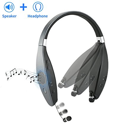 Sindcom Bluetooth Headphones Built-in Wireless Speaker Portable 2-in-1 Design Stereo Foldable Neckband Retractable Sweat-proof Earbuds 32 Hours Long Battery (Headphone) iPhone Android Devices (Grey)