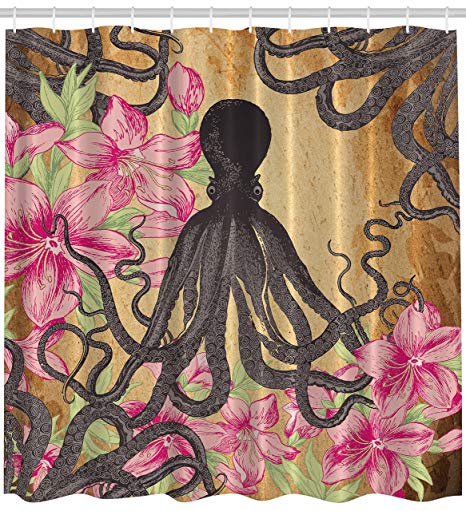 Ambesonne Kraken Octopus Roses Leaves Tentacles Octopi Vintage Antiqued Look Home Fashion Bathroom Textiles Decor Print Polyester Fabric Shower Curtain, Pink Fuchsia Green Gray Brown