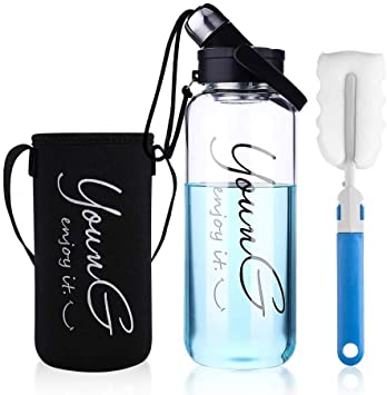 sunkey Large Glass Water Bottle 40oz/ 50 Oz Bpa Free with Neoprene Sleeve Stainless Steel Infuser for Travel Home Sports Reusable Eco Friendly