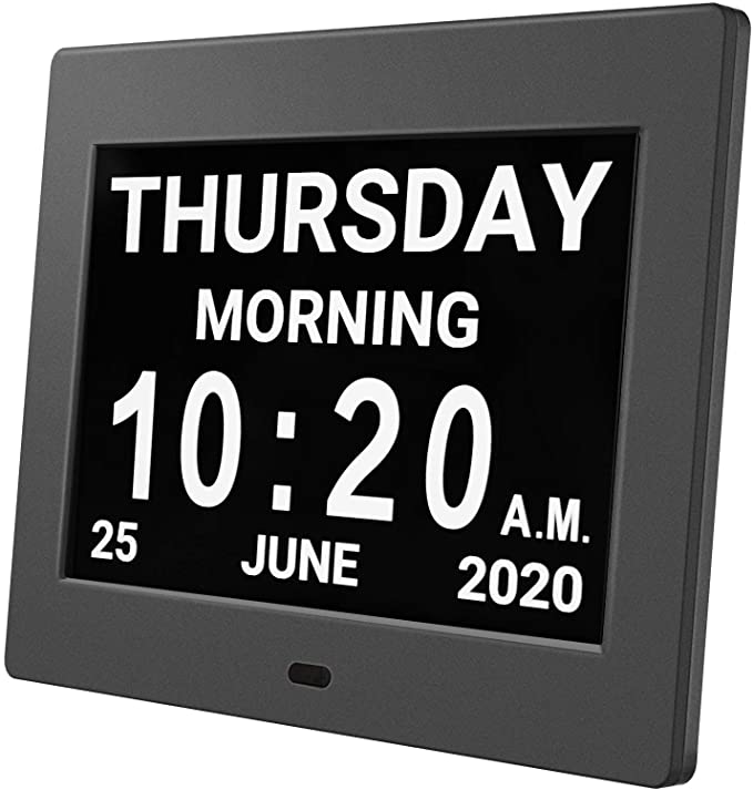 HUANUO Digital Calendar Alarm Day Clock - with 8" Large Screen Display, am pm, 5 Alarm, Dementia Clocks for Alzheimers Sufferers Elderly Seniors Memory Loss Impaired, for Desk, Wall Mounted（Black）