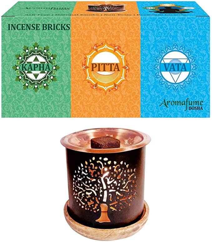 Aromafume 3 Dosha Incense Bricks Starter Kit containing Tree of Life Exotic Incense Diffuser (Gift Set - 4 Vata, 4 Pitta, 4 Kapha). Ideal for Ayurvedic healing, Spirituality, Dosha Balancing, Reiki