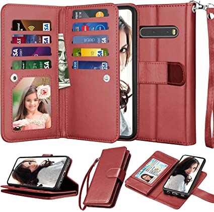 Njjex LG V60 ThinQ 5G Case, LG G9 ThinQ/LG V60 ThinQ Wallet Case, [9 Card Slots] PU Leather ID Credit Holder Folio Flip [Detachable] Kickstand Magnetic Phone Cover & Lanyard for LG V60 [Wine Red]