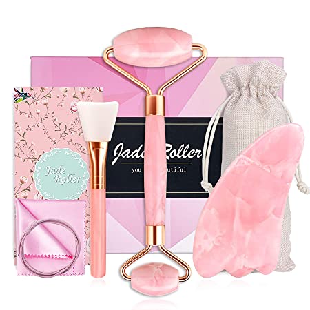 6 in 1Pink Jade Roller for Face,Rose Quartz Roller and Gua Sha Tools Set-Anti Aging Beauty Facial Roller for Eye,Neck,Skin,Chin-Reduce Puffiness Wrinkles Body&Face Massager kit for Slimming&Firming