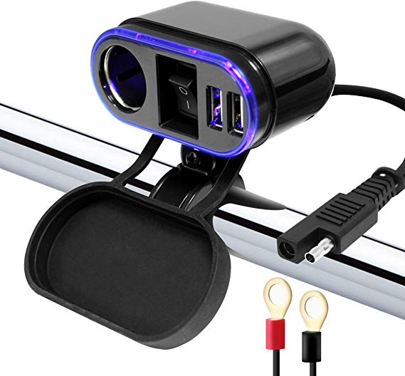 GoHawk Waterproof Motorcycle ATV UTV 5V Dual USB 2.1A Charger Adapter Kit Cable, 12V Car Cigarette Lighter Socket Outlet w/Power Switch, 7/8 to 1" Handlebar for Phone GoPro Camera w/Blue LED Ring