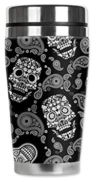 Mugzie White Sugar Skulls Travel Mug with Insulated Wetsuit Cover, 16 oz, Black