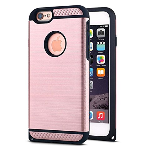 iPhone 6 Case, (Brushed Series) 6S Rugged Heavy Duty Dual Layer Armor Shock Proof Silicon Protective Cover Case With Dust Plug for Apple iPhone 6 6S (Rose Gold)