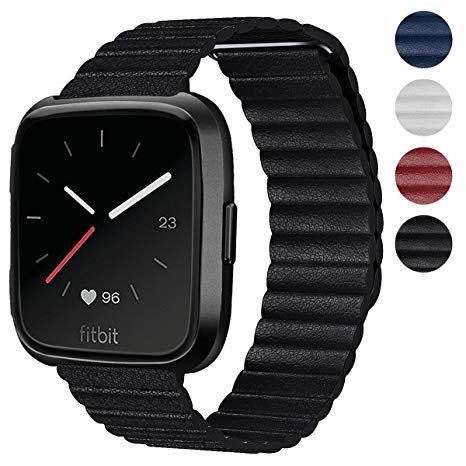 Shangpule Compatible Fitbit Versa Bands Women Man, Genuine Leather Loop with Unique Magnetic Strap Replacement Wristbands Accessories Compatible Fitbit Versa Fitness Smart Watch