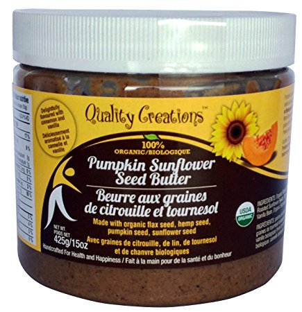 Pumpkin Sunflower Seed Butter - 100% Organic. Pumpkin, Sunflower, Flax and Hemp Seeds. Cinnamon and Vanilla Adds a Wonderful Flavor Twist. 425g/15oz