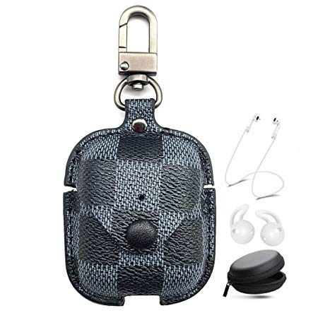 Airpods Leather Case Cover with Keychain Strap Accessories Kits for Girl, Jiaguoe Design Protective Case Compatible Apple Airpods 2 Charging Case (Dark Blue/Grid)