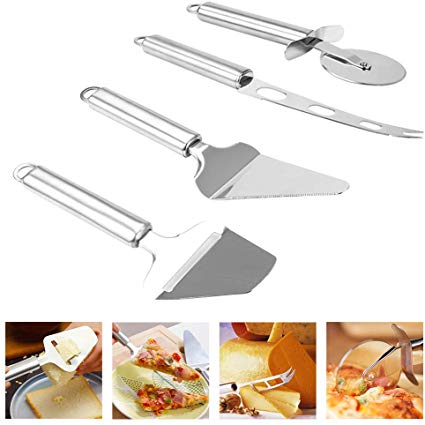 Freehawk Cheese Knife Set Stainless Steel Utensil Set 4-Piece Kitchen Gadgets Tool Sets Pizza Cutter Cheese Slicer Cheese Knife Pie Server