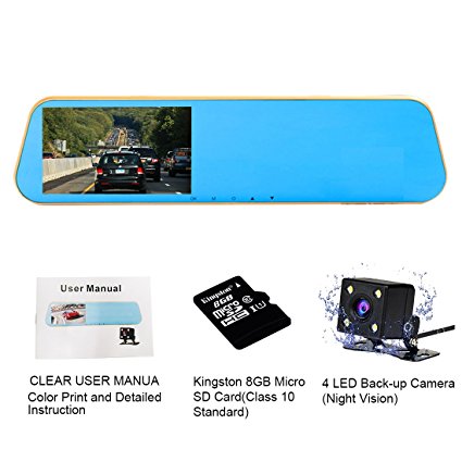 TENNBOO Mount Front and Rear Dash Cam with 4.3" Full HD 1080P Mirror Screen,170° Wide Angle Dual Lens Car DVR and 140° Wide Water-proof Back Camera,Micro SD Card Included (Black)