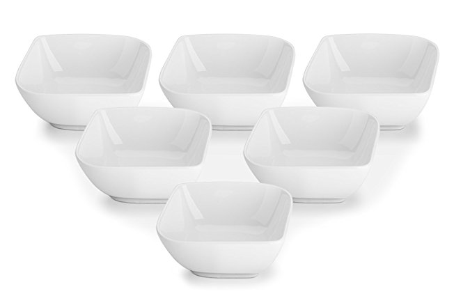 DOWAN 8oz Porcelain Ramekins/Dessert Bowls- Set of 6, White, Stylish Square