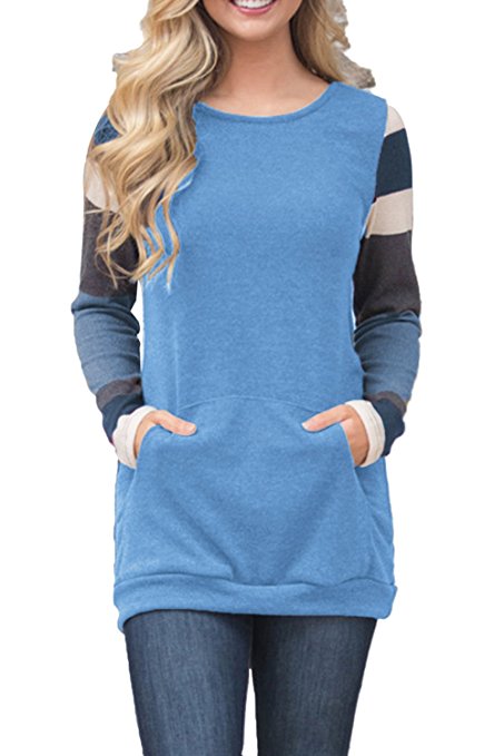 BLENCOT Women's Color Block Long Sleeve Tunic Sweatshirt Tops With Kangaroo Pocket